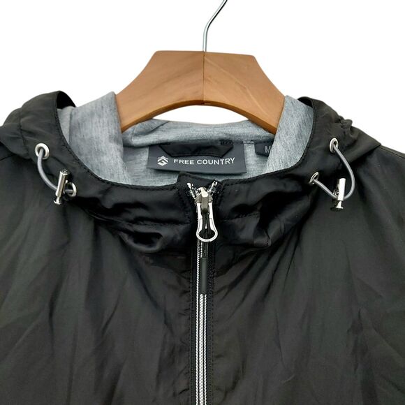 Free Country Windbreaker Mens Medium Black Lined Hooded Full Zip Outdoor Travel - Picture 2 of 12